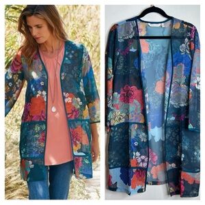 Soft Surroundings Multicolor Floral Kimono Womens L sheer layer Boho Hippie